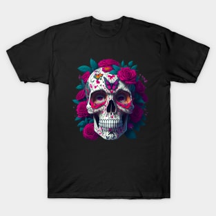 Funny Sugar Candy Skull With Flowers T-Shirt